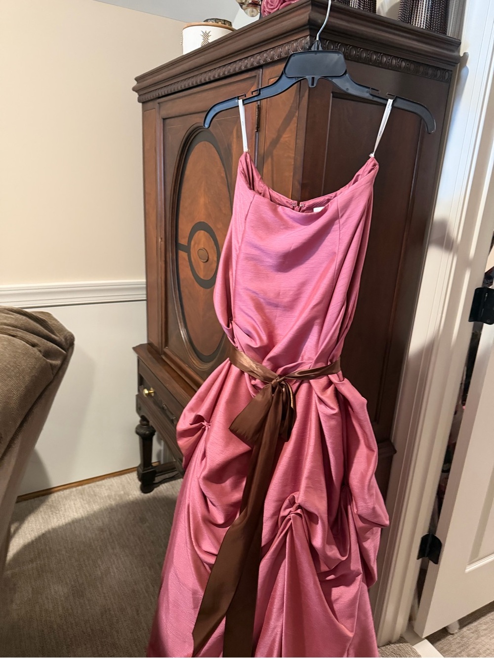 Pink Satin Formal Dress with Brown Sash